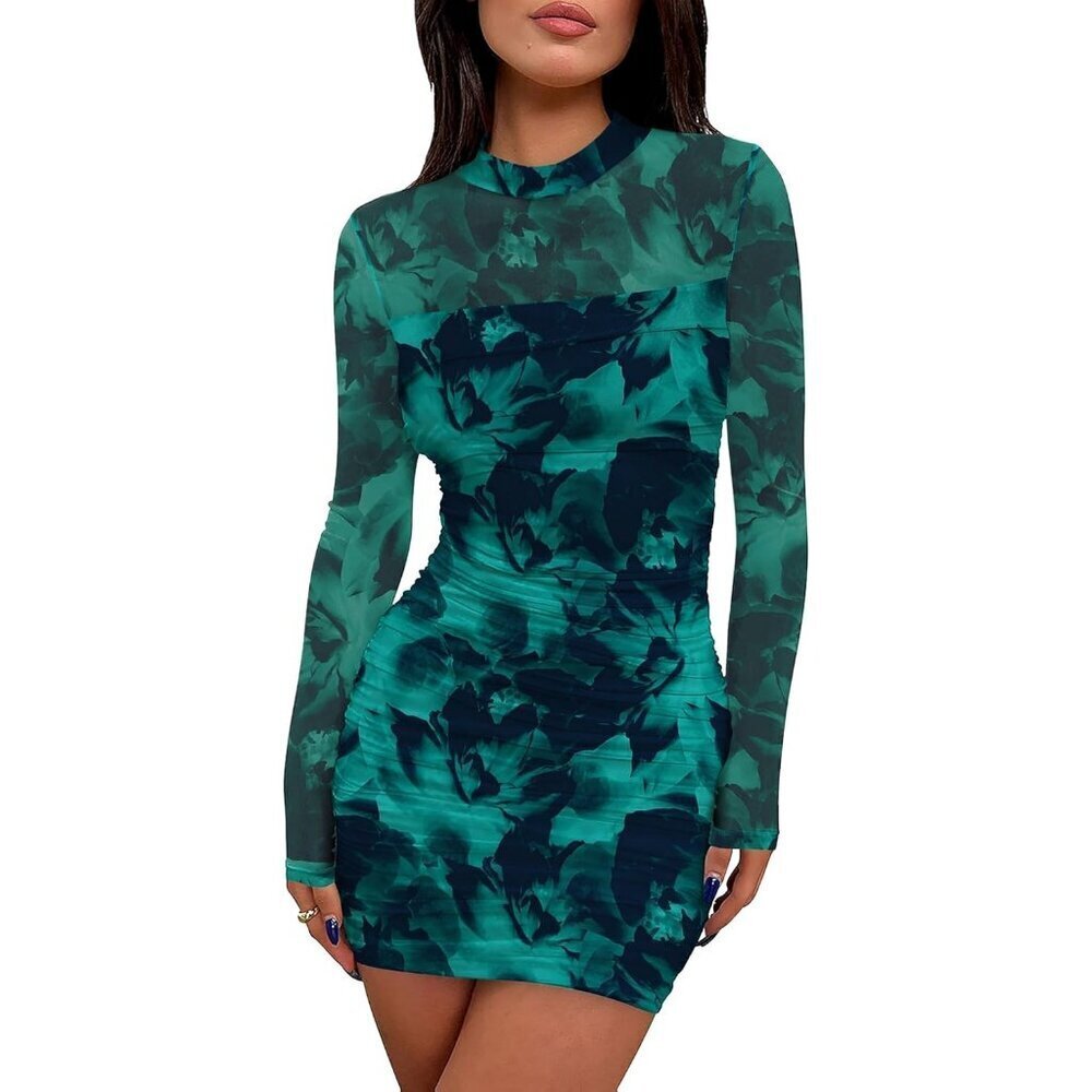 Women's Lake Blue Print Long Sleeve Ruched Bodycon Neck Mini Party Dresse - Picture 1 of 5